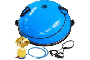 ManiBoom Bola Equilibrio Fitness Ø60cm con Inflador y 2 bandas de Resistencia - Ball ANTIDESLIZANTE para Yoga, Pilates, RECUPERACION Muscular y Estabilidad- Cojin Equilibrio Sensorial y ORTOPEDICO