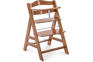 Hauck Chaise Haute Bébé Alpha Plus en Bois - Évolutive dès 6 Mois, Réglable, Harnais 5 Points, Barre de Sécurité, Résistante Jusqu'à 90 Kg - Noyer