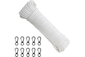 C100AE 20M/65Ft White Nylon Cord Flag Pole Rope 6mm Thick Double Braided Washing Line Rope with 10 Flag Pole Clips Durable Multifunctional for Sailing Rigging Garden Bundling Outdoor Hanging Clothes