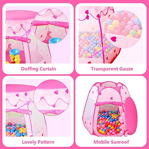 Baby Play Tent, GIM Kids Pink Princess Play Tent Castle with 100 PCS Ocean Balls Foldable Popup Balls Play Tent Playhouse Indoor Outdoor (Pink, 47 * 35 Inch)