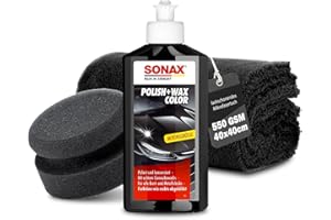 AUTOPFLEGE Set lucidante per auto, Sonax Polish & Wax Color nero, 250 ml, spugna per lucidatura + panno per lucidatura, pasta lucidante per vernici colorate e metalliche per la rimozione di piccoli graffi, set