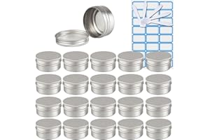 ZEOABSY 20 Pièces 50ml Pots en Aluminium Vide Rond Argent Petit Cosmétiques Pot Conteneurs for Fait Main Bougies Crème Baume Voyage, 5X Spatule, 1x Étiquettes