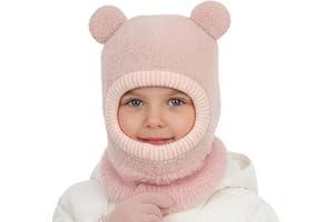 AYPOW Kinder Schlupfmütze Mädchen Jungen Baby Warm Niedliche Wintermütze mit Schals Fleece Gefüttert Winter Strickmütze Mit Bommel Beanie Sturmhaube Loop Schals für Kleinkinder Outdoor