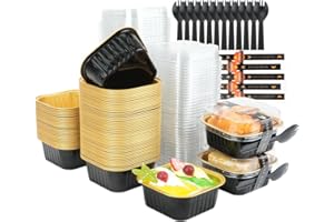 RETON 100 Stücke Backförmchen aus Aluminiumfolie, 5oz Quadratische Muffinförmchen mit Deckel, Mini Cupcake Förmchen Muffinförmchen mit 100 Aufklebern und Löffel für Cupcakes, Muffins, Dessert(Schwarz)