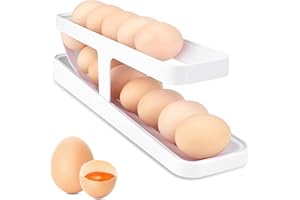 HOLEMZ Hueveras Frigorífico Blanco Soporte para Huevos Rodante Bandeja Automático Plastico Organizador Dispensador 2 Capas Antideslizante para Almacenamiento Cocina 12-14 Huevos