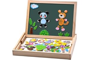 Uping Puzzles en Bois Magnétique 100 Pièces, Tableau Double Face Aimanté, Planche à Dessin Stylos Colorés Craies, Jouet Educatif Enfant 3 Ans Plus