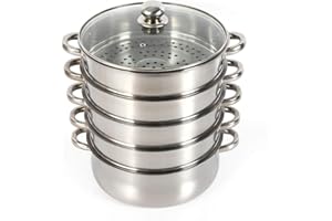 CUTYCATY 28CM Dampfgarer 5 Etagen Dampfkocher Stapelbar Dampfkochtopf Edelstahl mit Glasdeckel Rostfrei Dampfgarer Edelstahl Kartoffeldämpfer Silber