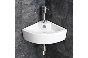 Clickbasin Countertop or Wall Mounted Space Saving Small White Corner Ceramic Wash Basin 400mm Corner Sink