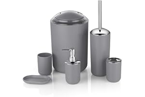 Rubyz 6 Piece Elegant Bathroom Accessory Set | Washroom Essentials | Soap Box, Dispenser, Toilet Brush, Toothbrush Holder, Dust Bin, Rinse Cup (Grey)