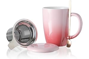 Henten Home Taza de Té de Cerámica con Infusor, Cuchara y Tapa, 385ml, Taza Grande con Filtro de Té para Desayuno, Té, Café, Leche, Microondas y Lavavajillas (385ml,Rosa Sakura)