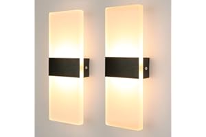Glighone LED Modern Wall Lights Indoor Wall Lamp 12W, 3000K Hardwired Black Acrylic Wall Sconce Set of 2, Dimmable Wall Lights for Living Room, Bedroom, Kitchen (Warm White)