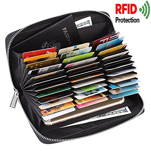 Monedero de las señoras de la tarjeta de crédito Cartera de cuero RFID de bloqueo Multi Pasaporte Organizador de tarjetas Enorme capacidad de la cartera para las mujeres Negro