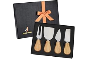 JLIAN MIOR Exquisito juego de cuchillos para queso de 4 piezas, colección completa de cuchillos para queso de acero inoxidable (mango de madera de roble), listo para regalo