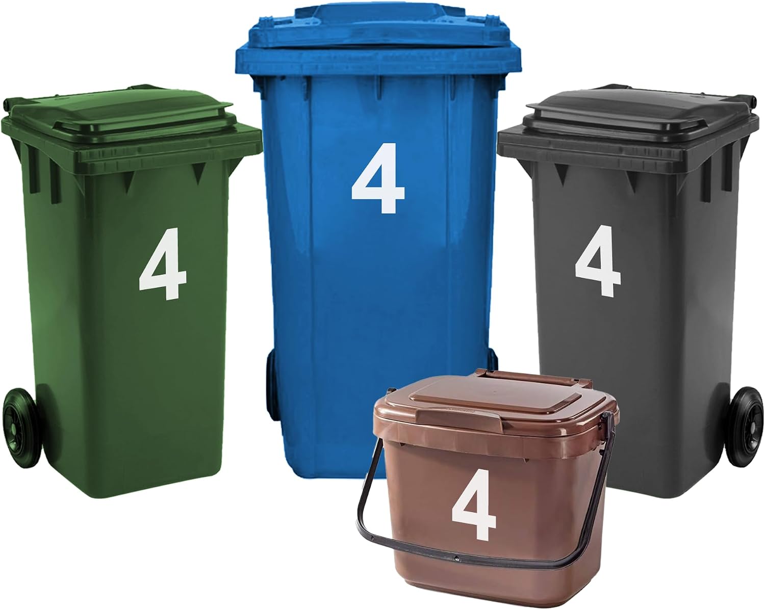 Rubigo 4 x Bin Numbers for Wheelie Bins, 0-99, Letters A-D, 17.5cm Dustbin Stickers, Easy Application Stick On Number Stickers - Weatherproof Self Adhesive Vinyl (4)