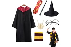 FENGQ Costume di Wizard, 7 Pezzi Set di Costumi da Mago, Costume di Wizard Adulti con Mantello da mago, Bacchetta Magica, Occhiali, Sciarpa, Cravatta per Adulti, Halloween, Carnevale, Cosplay