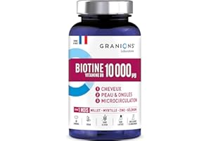 Biotine 10 000 µg GRANIONS, Complement alimentaire CHEVEUX, PEAU, ONGLES - Vitamine B5, Biotine, Millet, Cystine, Myrtille, Zinc, Sélénium, Methionine - Vegan, sans gluten, 60 comprimés Made in France