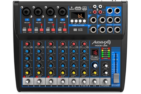 Audibax MG08 USB Mesa Mezclas 8 Canales Con Bluetooth, MP3, USB Rec y Efectos