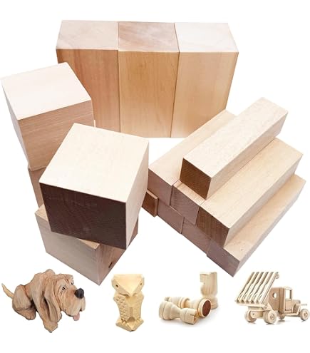 Set Intaglio Legno Naturale CODIRATO Set 20 Blocchi Intaglio Legno Tiglio - Cubi Cilindri Per Fai Da Te Mattarello Legno - 11