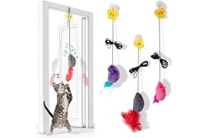 SamHeng 3 Pièces Jouet Interactif à Porte Suspendre pour Chat, Jeu Chat Chaton Interieur Jouet à Plumes avec Grincement, Plume S'auto-Jeu Souris en Peluche Exercice de Chasse au Jouet de Souris