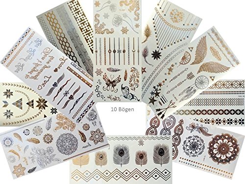 10 Sheets Metallic Tattoo Flash Tattoo - 10 verschiedene Bögen viele Motive Set 2