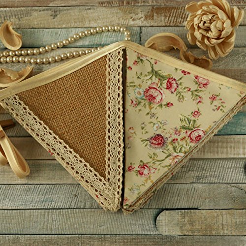 Cottage Floral Bunting, Burlap and Summer Flower Print Garland, Rustic Hessian Fabric Flags, Spring Home Decoration, Vintage Party Decor, Hanging Wall Accessory, Country Chic Banner