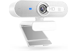 ASHU Webcam USB 1080P para ordenador con enfoque automático, privacidad y micrófono dual para Skype, videollamadas, conferencias, grabación, streaming, blanco y plateado