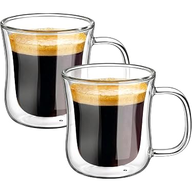 BOWD Tasse à café en verre double Lot de 2 tasses à café et à thé en verre borosilicate avec poignée isolante, passe au lave-vaisselle, 350 ml BOWD Tasse à café en verre double Lot de 2 tasses à café et à thé en verre borosilicate avec poignée isolante, passe au lave-vaisselle, 350 ml