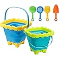 TRIXES 2PK Collapsible Bucket and Spade Set – Ideal for Holiday – Silicone Design – Minimise Space in Luggage – Premium Quality Childrens Holiday Essential – Summer Gift - 6-pieces