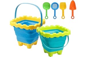 TRIXES Lot de 2 seaux pliables et pelle – Idéal pour les vacances – Design en silicone – Minimise l'espace dans les bagages – Indispensable pour les vacances pour enfants – Cadeau d'été – 6 pièces