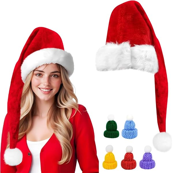 Cappello Di Babbo Natale Extra Lungo + 10 Mini Cappellini - Set Per Feste, Cosplay, Decorazioni Natalizie, Per Bambini E Adulti