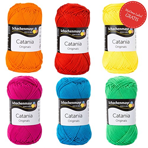 Schachenmayr Catania Wolle Set 6 Knäuel - Wollmix Regenbogen klein Catania von Schachenmayr Wolleset Sommerwolle farbintensives Baumwollgarn inkl. MyOma Wollrausch Label – Schachenmayr Catania Wolle zum Stricken / Wolle zum Häkeln – Schachenmayr Garn in verschiedenen Farben als Sortiment von MyOma