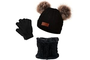 AWAVM 3 en 1 Ensemble Bonnet-Echarpe-Gants Enfant Hiver,Bonnet Enfant Hiver avec Pompon,Tricoté Tour de Chaud Gants,Ensemble d’Hiver pour Fille et Garçon 2-6Ans