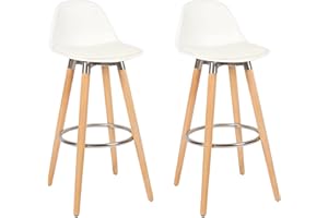 Box and beyond - Lot de 2 Tabourets de Bar - Hauteur 91 cm - Bois, Métal et Plastique Blanc - Repose-Pieds - Cuisine, Salon, Salle à Manger, Ilot de Cuisine, Bar - Style Moderne et Contemporain