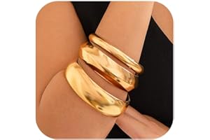 GlamRays Pack of 3 Chunky Gold Bangles for Women Fashionable Wide Wrist Bracelets Stack Statement Bangles Fashion Jewellery Gift, gold, L