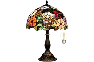 Bidesen Lampa stołowa Tiffany 12", z dekoracją różową, z wtyczką UE i przełącznikiem, abażur ze szkła, nadaje się na stolik nocny lub biurko