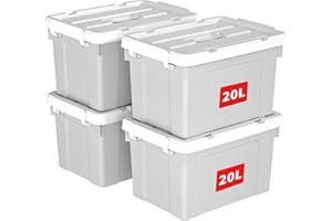 Cetomo 20L*4 Storage Boxes, Carry Plastic Storage Box with Lids, Organizing Container with Handle and Secure Latching Buckles, Stackable, Nestable, Tote Bin for Home Office Clothes, 20L-4Pack, Gray