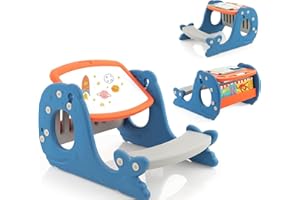 RELAX4LIFE Set Tavolo con Sedie Convertibile per Bambini, 4 in 1 con Cavalletto Regolabile, Lavagna Cancellabile, Panchina, Tavolo da Disegno con Panchina, a forma di Balena,1 + Anni,67 x 54 x 39cm