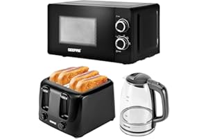Geepas Electric Kettle 4 Slice Bread Toaster & Microwave Kitchen Set | 2200W 1.7L Illuminating Glass Kettle | 1400W Toaster with 6 Level Browning Control | 700W Solo Manual Dial Microwave 20L | Black
