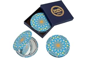 Totally Turkish Metal Compact Mirror – Small Folding Round Mirror With Magnetic Close – 1x & 2x Magnification – For Handbags, Make-Up, Travel & Commutes – Bright & Funky Geometric Pattern (Sky Blue)