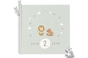 mintkind® Babyalbum zweites Lebensjahr Hardcover Babytagebuch zum Eintragen Erinnerungsbuch und Fotoalbum Baby Geschenkidee für Jungen und Mädchen liebevoll gestaltetes Babybuch Salbei