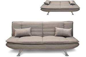 BAKAJI Divano Letto Ginevra Clic Clac 3 Posti Struttura in Legno Rivestimento in Tessuto Trapuntato Imbottito Piedini in Metallo con 2 Cuscini Dimensione 183 x 88 x 82 cm (Tortora)