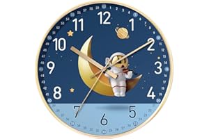 F Fityle Orologio da Parete Senza ticchettio Silenzioso 8" per cameretta dei Bambini, Astronauta Luna