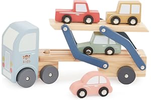 Just Bee Kids Wooden Transporter Lorry with 4 Cars | Toys For 1 Year Old Boys & Girls | Plastic-Free | Pastel Baby Colours | Rounded Edges | 1st Birthday Gifts