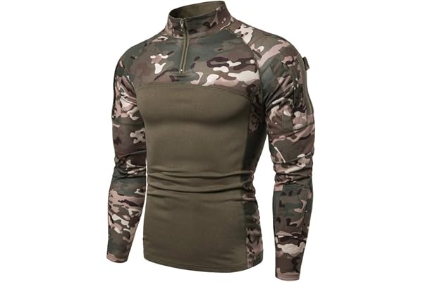 Chemise tactique à manches longues pour homme avec poches et fermeture éclair 1/4 - Style militaire - Pour la chasse, le camping, la randonnée