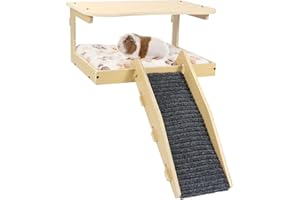 Amakunft Guinea Pig Hideout - Natural Wooden, Detachable Platform with Stairs, Small Animal Habitat for Guinea Pigs, Hamsters, Rabbits, Ferrets, Hedgehogs, Gerbils, Squirrels