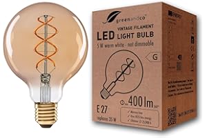 greenandco Ampoule à Filament LED Vintage | ambre | E27 G95 | 5W 400lm | 2000K blanc extra chaud | 360° | 230V | sans scintillement | non-dimmable
