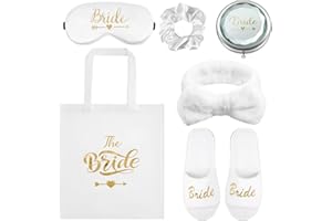Hestya 6 Pcs Bride Gifts Bridal Shower Gifts Including Bride Slippers, White Scrunchie, Hair Headband, Tote Bag, Silk Eye Mask, Makeup Mirror for Wedding Proposal Spa Party