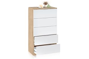 duehome | Comoda de 5 Cajones para Dormitorio, Modelo Akari, Acabado en Blanco Artik y Roble Canadian, Medidas: 60 cm (Largo) x 110 cm (Alto) x 40 cm (Fondo)