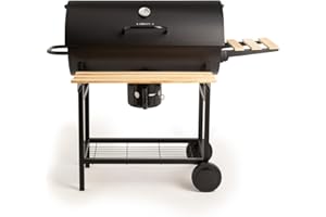 CREATE/BBQ SMOKEY/Barbacoa ahumadora de carbón con ruedas negro/De acero inoxidable, parrilla superior, control de temperatura, bandeja frontral y bandeja lateral, fácil de transportar