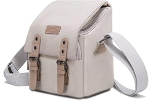 Cwatcun Compact Camera Bag Case Canvas Leather Trim Compatible for Nikon, Canon, Sony Mirrorless Camera and Lenses Water Resistant, Camera Shoulder Messenger Bag Beige